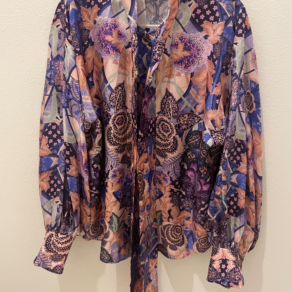 Zimmermann Multicolor Floral Blouse jewel button 2 purple pink green silk